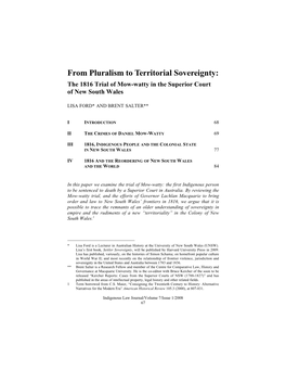 From Pluralism to Territorial Sovereignty: the 1816 Trial of Mow-Watty in the Superior Court of New South Wales