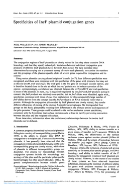 Specificities of Incf Plasmid Conjugation Genes