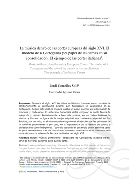 La Música Dentro De Las Cortes Europeas Del Siglo XVI. El Modelo De Il Cortegiano Y El Papel De Las Damas En Su Consolidación. El Ejemplo De Las Cortes Italianas1