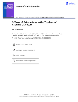 A Menu of Orientations to the Teaching of Rabbinic Literature