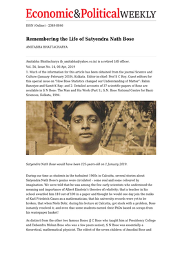 Remembering the Life of Satyendra Nath Bose