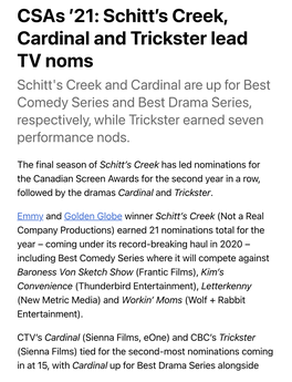 Csas '21: Schitt's Creek, Cardinal and Trickster