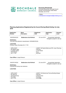 Planning Applications Registered by the Council During Week Ending 1St July 2016