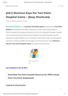 Shortcut Keys for Two Point Hospital Game ~ {Easy Shortcuts}