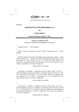 ADDENDUM to the ORDER BOOK No. 4 of PARLIAMENT