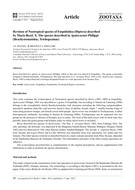 Revision of Neotropical Species of Empidoidea (Diptera) Described by Mario Bezzi. X. the Species Described in Apalocnemis Philippi (Brachystomatidae, Trichopezinae)