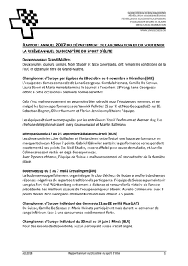 Rapport Annuel 2017 Du Département De La Formation Et Du Soutien De La Relèveannuel Du Dicastère Du Sport D 'Élite