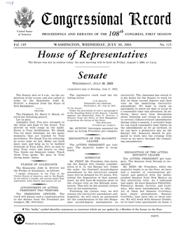 Congressional Record United States Th of America PROCEEDINGS and DEBATES of the 108 CONGRESS, FIRST SESSION