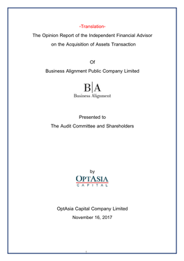Translation- the Opinion Report of the Independent Financial Advisor on the Acquisition of Assets Transaction