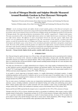 Levels of Nitrogen Dioxide and Sulphur Dioxide Measured Around Roadside Gardens in Port Harcourt Metropolis 1Trinya
