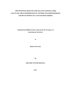 The Potential Role of Lake Malawi National Park Sanctuary Areas for Biological Control of Schistosomiasis and Development of a Sustainable Fishery