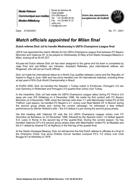 Match Officials Appointed for Milan Final