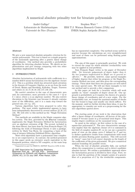 A Numerical Absolute Primality Test for Bivariate Polynomials