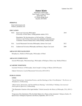 James Kintz Department of Philosophy Saint Joseph’S College of Maine Alfond Hall, 434 278 Whites Bridge Road Standish, ME 04084