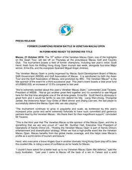 Press Release Former Champions Renew Battle In