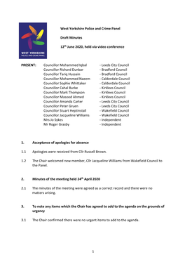 West Yorkshire Police and Crime Panel Draft Minutes 12Th June 2020