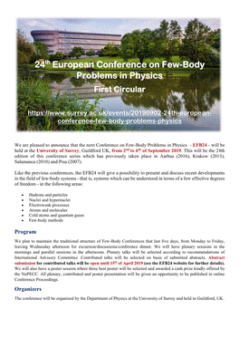 24Th European Conference on Few-Body Problems in Physics First Circular