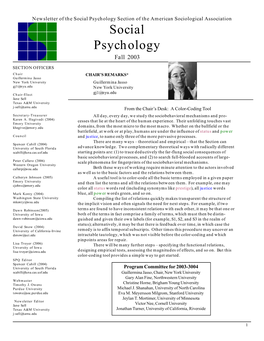 Social Psychology Section of the American Sociological Association Social Psychology Fall 2003