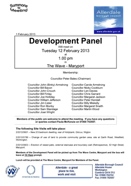 Development Panel Will Meet on Tuesday 12 February 2013 at 1.00 Pm in the Wave - Maryport