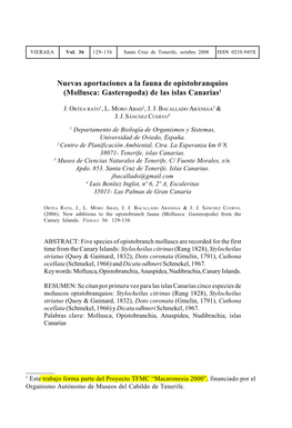 Nuevas Aportaciones a La Fauna De Opistobranquios (Mollusca: Gasteropoda) De Las Islas Canarias1