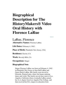 Biographical Description for the Historymakers® Video Oral History with Florence Larue