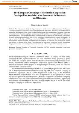 The European Groupings of Territorial Cooperation Developed by Administrative Structures in Romania and Hungary