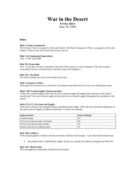 War in the Desert Errata, Q&A June 18, 1998