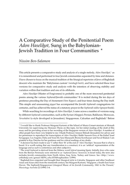 A Comparative Study of the Penitential Poem Adon Haselihot, Sung in the Babylonian- Jewish Tradition in Four Communities *