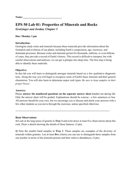 EPS 50 Lab 01: Properties of Minerals and Rocks Grotzinger and Jordan, Chapter 3