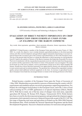 Evaluation of Direct Payment Importance on Crop Production from European Union Funds – an Example of the Barcin Commune