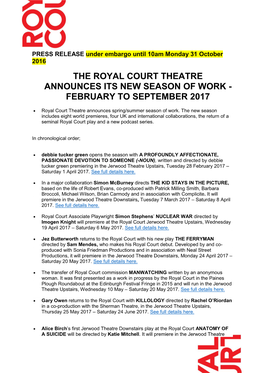 The Royal Court Theatre Announces Its New Season of Work - February to September 2017