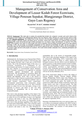 Management of Conservation Area and Development of Leuser Kedah Forest Ecowisata, Village Penosan Sepakat, Blangjerango District, Gayo Lues Regency