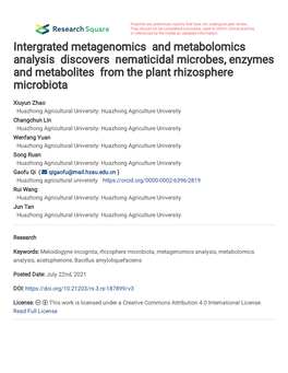 Intergrated Metagenomics and Metabolomics Analysis Discovers Nematicidal Microbes, Enzymes and Metabolites from the Plant Rhizosphere Microbiota