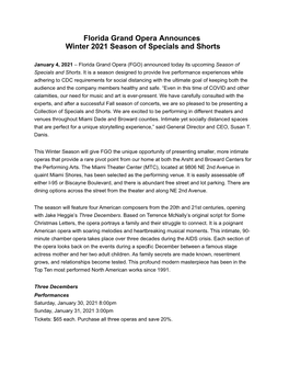 Florida Grand Opera Announces Winter 2021 Season of Specials and Shorts