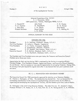 NEW S Number 3 of the Lepidopterists' Society 15 April 1966 Editorial