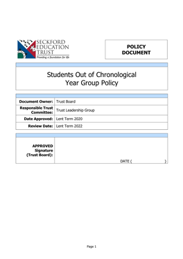 Students out of Chronological Year Group Policy