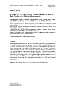 Bat Diversity in Imbak Canyon Conservation Area: Note on Their Echolocation Calls and Ectoparasites