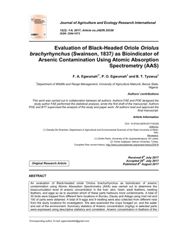 Evaluation of Black-Headed Oriole Oriolus Brachyrhynchus (Swainson, 1837) As Bioindicator of Arsenic Contamination Using Atomic Absorption Spectrometry (AAS)