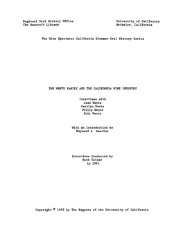 Regional Oral History Office University of California the Bancrof T Library Berkeley, California