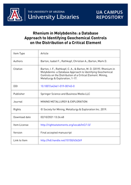 1 Rhenium in Molybdenite: a Database Approach to Identifying Geochemical Controls 5 6 7 2 on the Distribution of a Critical Element 8 9 3 Isabel F