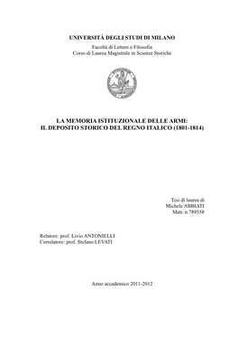 La Memoria Istituzionale Delle Armi: Il Deposito Storico Del Regno Italico (1801-1814)