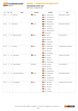 Round 1 : Hankook 24H Dubai 2017 Provisional Entry List Print Date : 04 January 2017