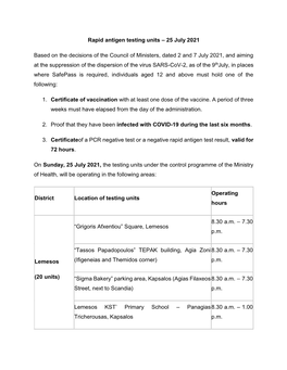 Rapid Antigen Testing Units – 25 July 2021 Based on the Decisions of The