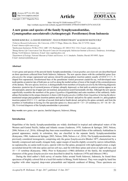 A New Genus and Species of the Family Symphysanodontidae, Cymatognathus Aureolateralis (Actinopterygii: Perciformes) from Indonesia