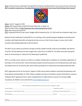 What: National Youth Leadership Training (NYLT) Hosted by the Black Warrior Council, Boy Scouts of America
