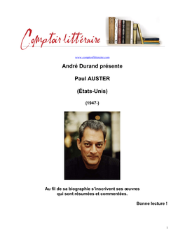 Paul AUSTER (États-Unis) (1947-) : Né À Newark (New Jersey)