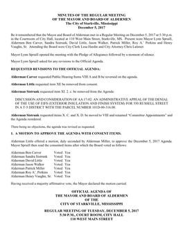 MINUTES of the REGULAR MEETING of the MAYOR and BOARD of ALDERMEN the City of Starkville, Mississippi December 5, 2017 OFFICIAL