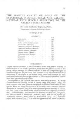 The Mantle Cavity of Some of the Erycinidae, Montacutidae and Gale Om- Ma Tidae with Special Reference to the Ciliary Mechanisms