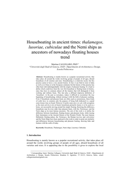 Houseboating in Ancient Times: Thalamegos, Lusoriae, Cubiculae and the Nemi Ships As Ancestors of Nowadays Floating Houses Trend