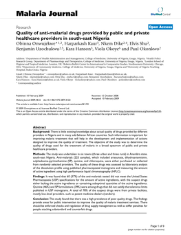 Quality of Anti-Malarial Drugs Provided by Public and Private Healthcare